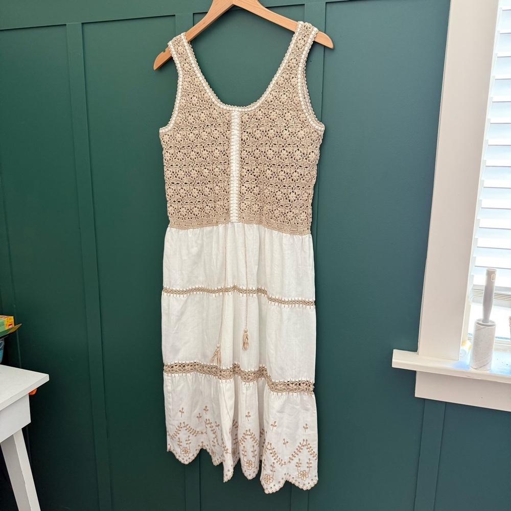 1970S Vintage BROWN & CREAM CROCHET Embroidered MIDI DRESS - Picture 5 of 13